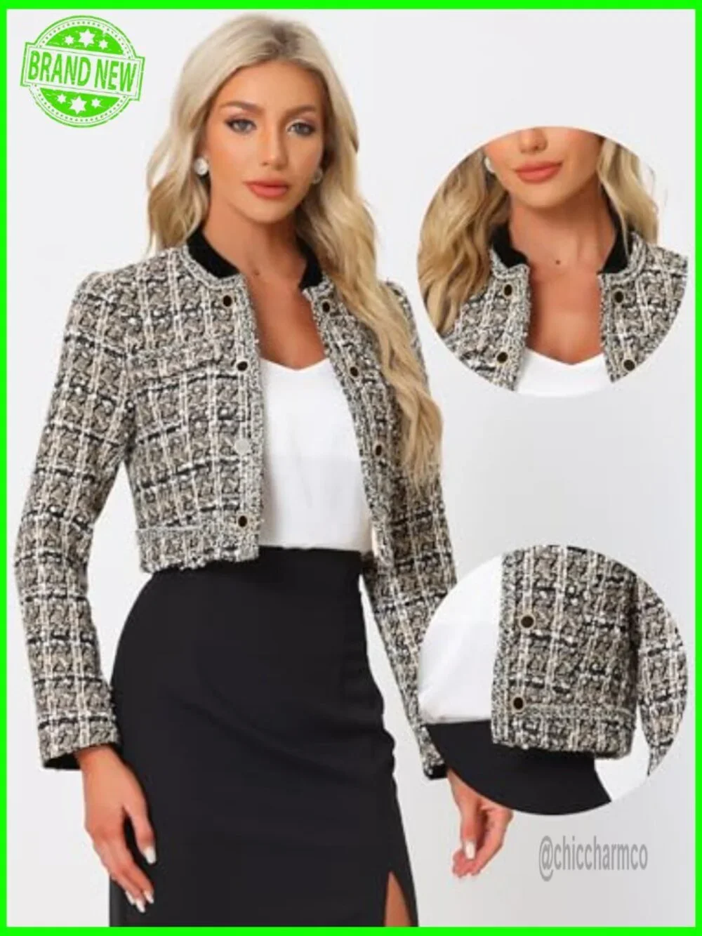 Vintage Suiting Blazer, Cropped Collarless, Plaid Tweed with Sequin Accents,